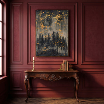 Mystical Forest Under Starry Night Canvas in dark walnut floating frame