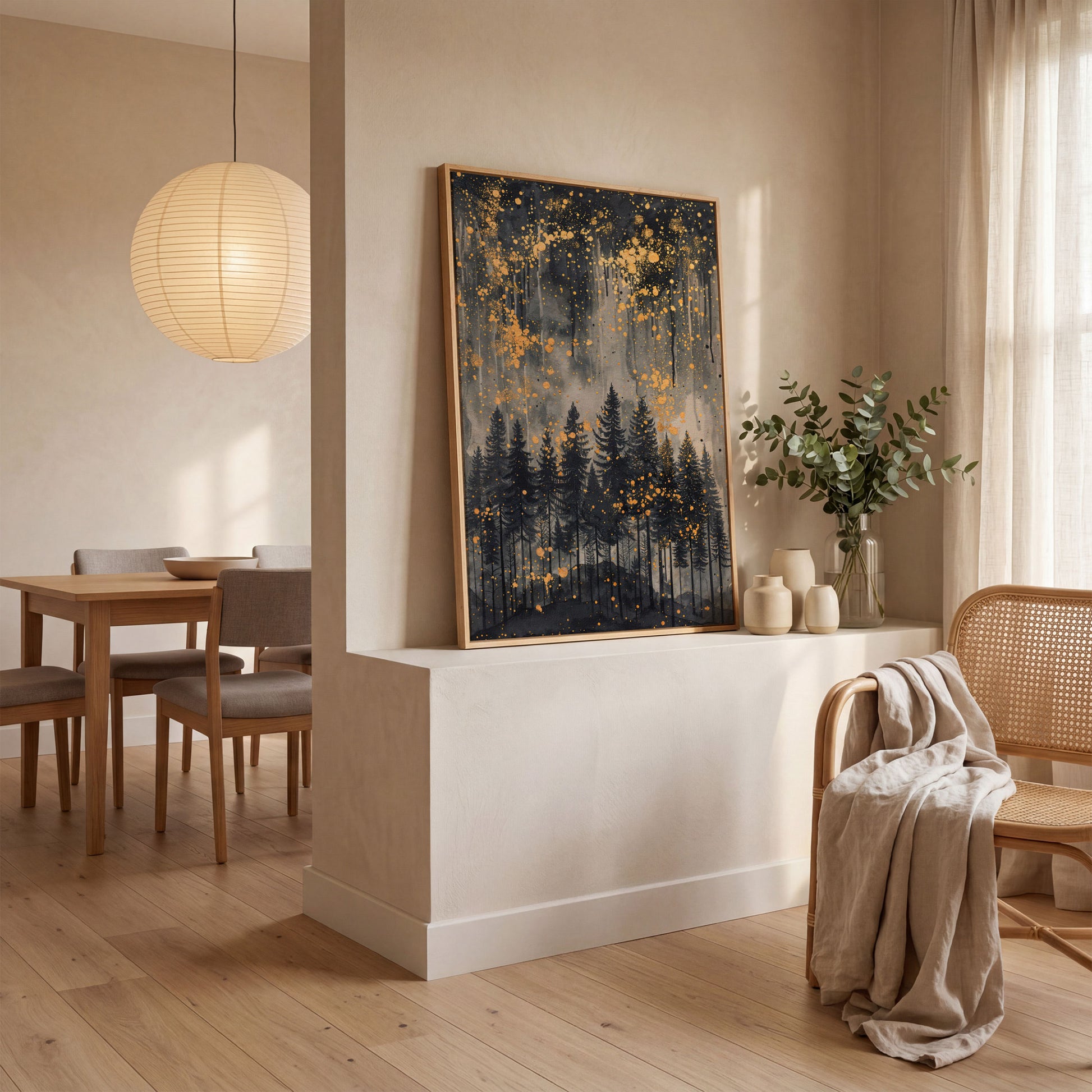 Mystical Forest Under Starry Night Canvas in white oak floating frame