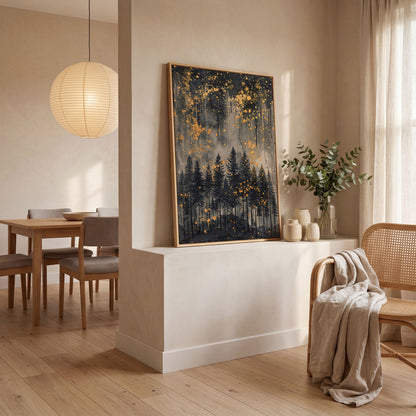 Mystical Forest Under Starry Night Canvas in white oak floating frame