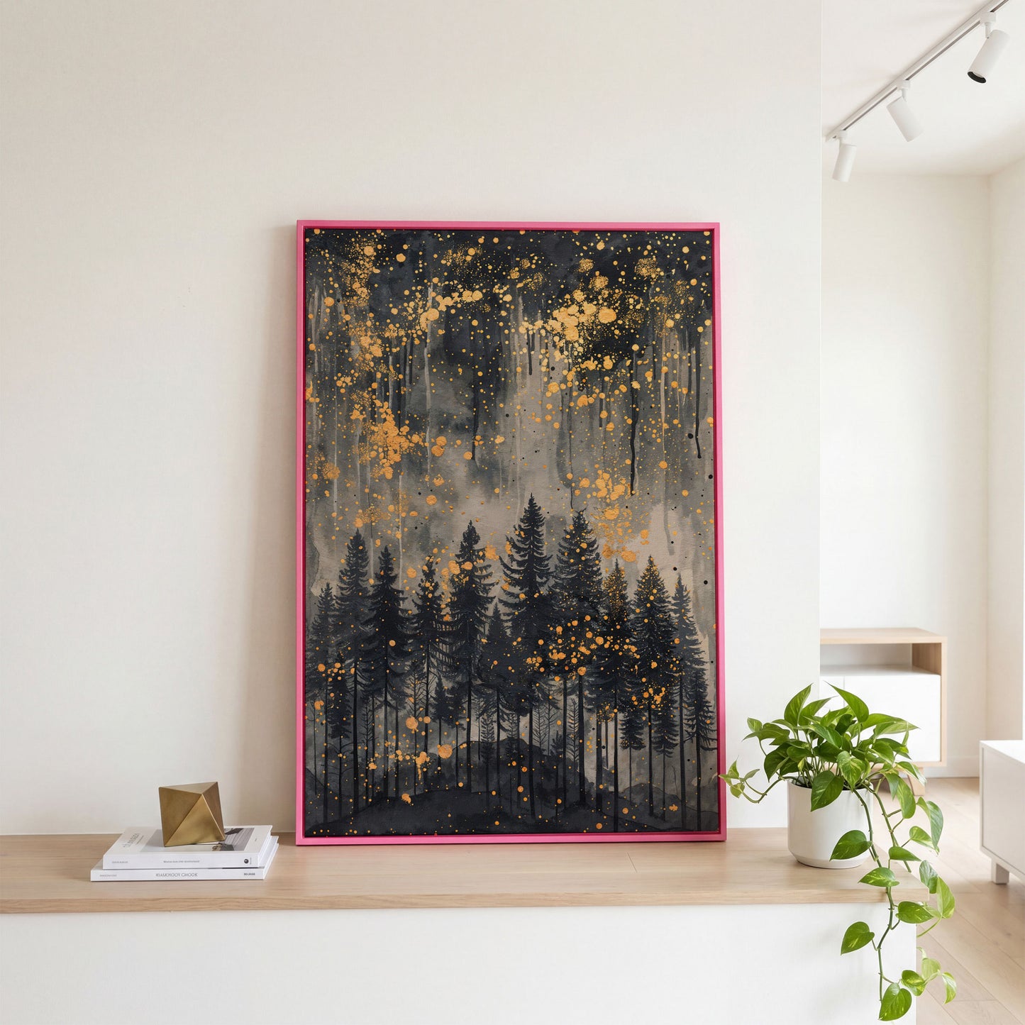 Mystical Forest Under Starry Night Canvas in pink floating frame