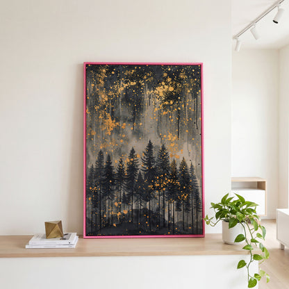 Mystical Forest Under Starry Night Canvas in pink floating frame