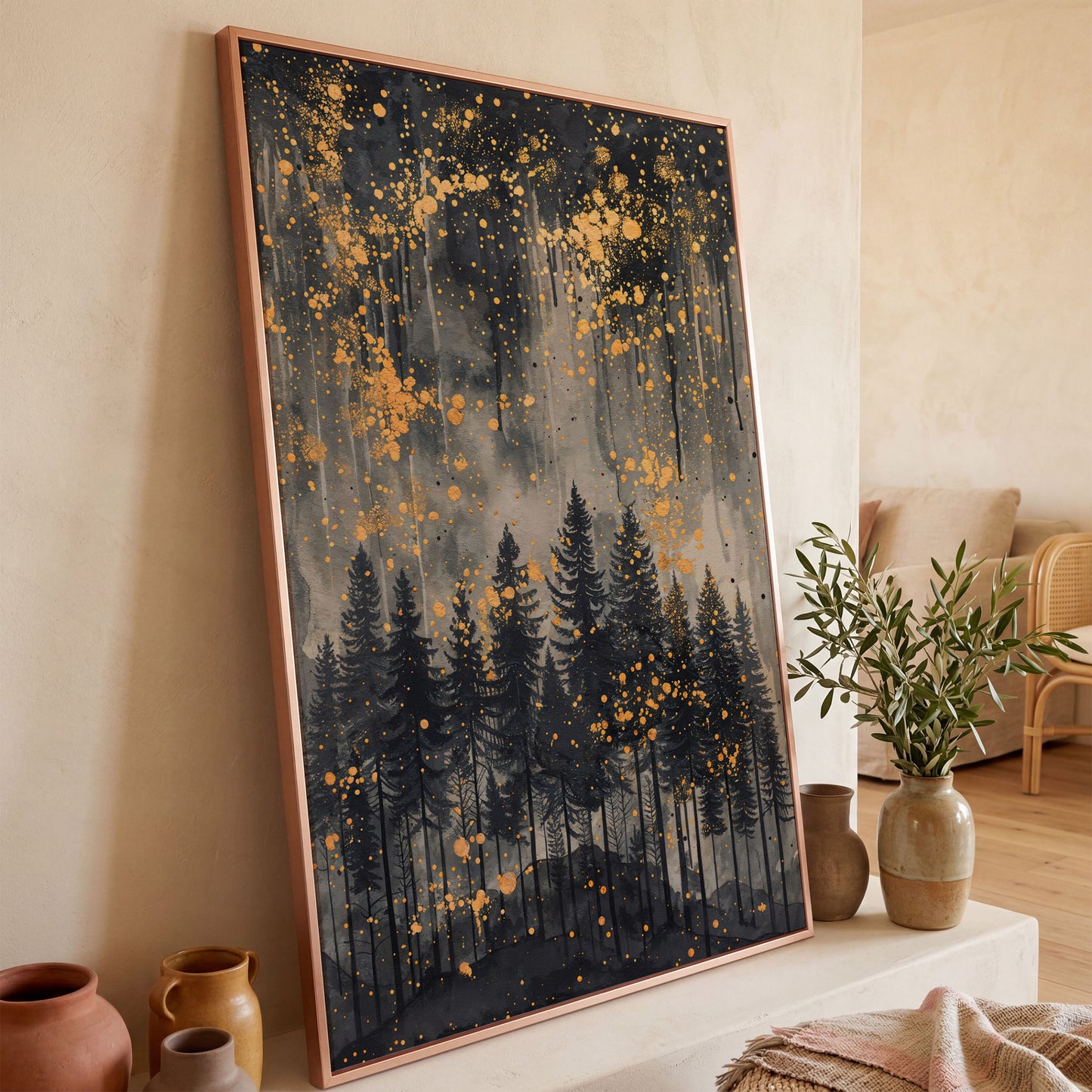 Mystical Forest Under Starry Night Canvas in rose gold floating frame