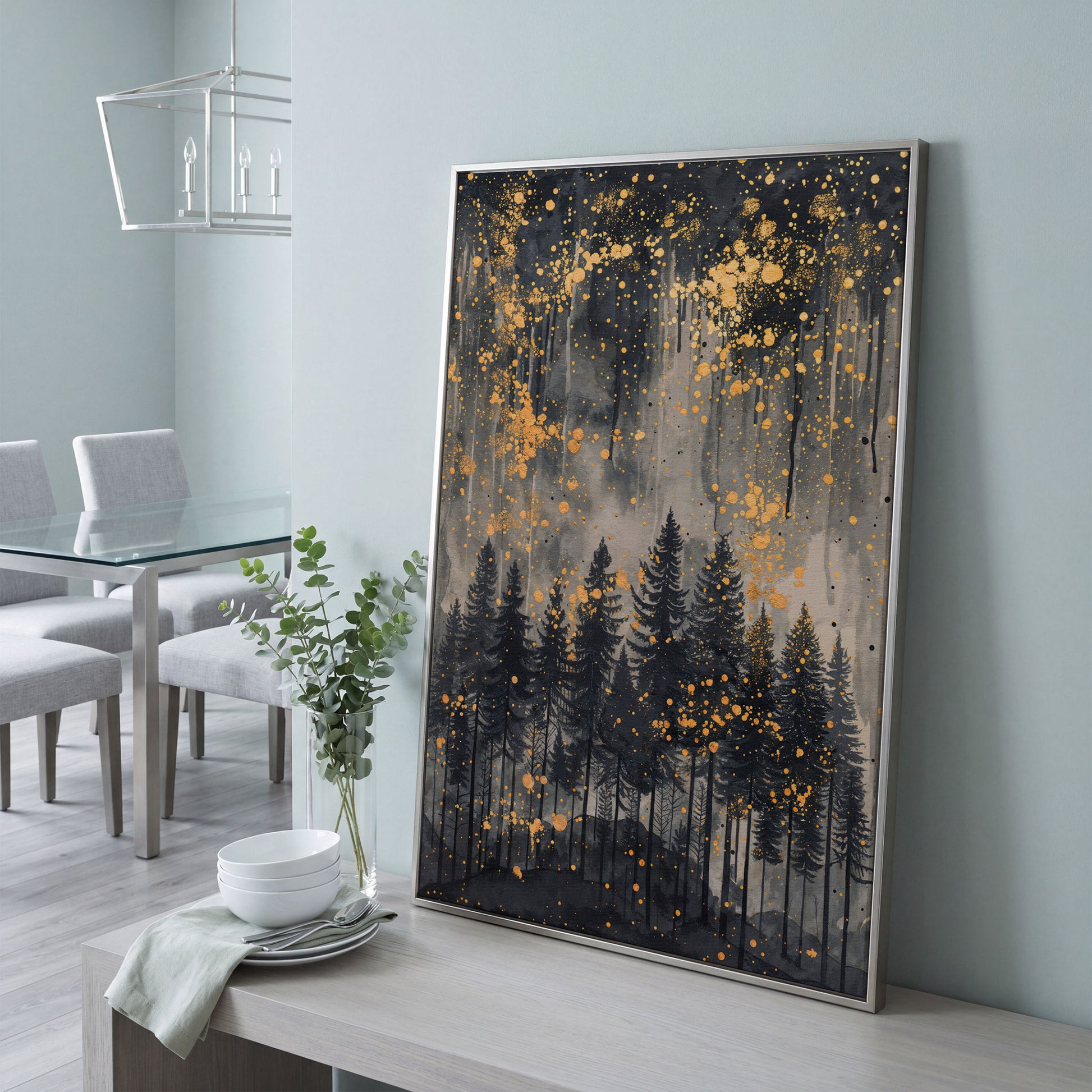 Mystical Forest Under Starry Night Canvas in silver floating frame