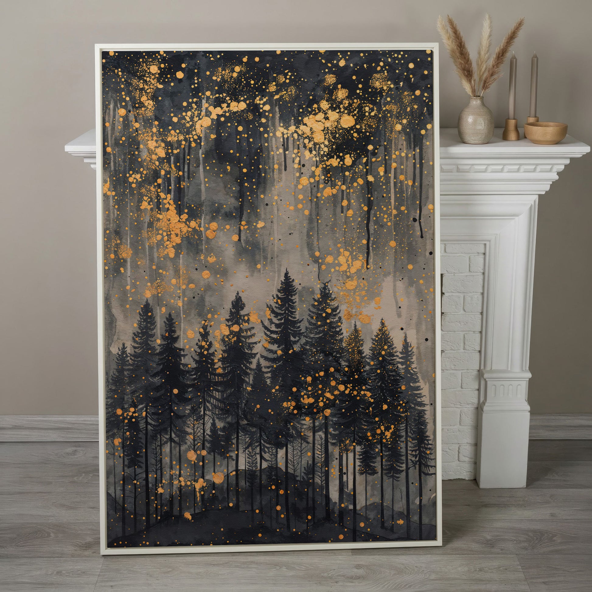 Mystical Forest Under Starry Night Canvas in white floating frame