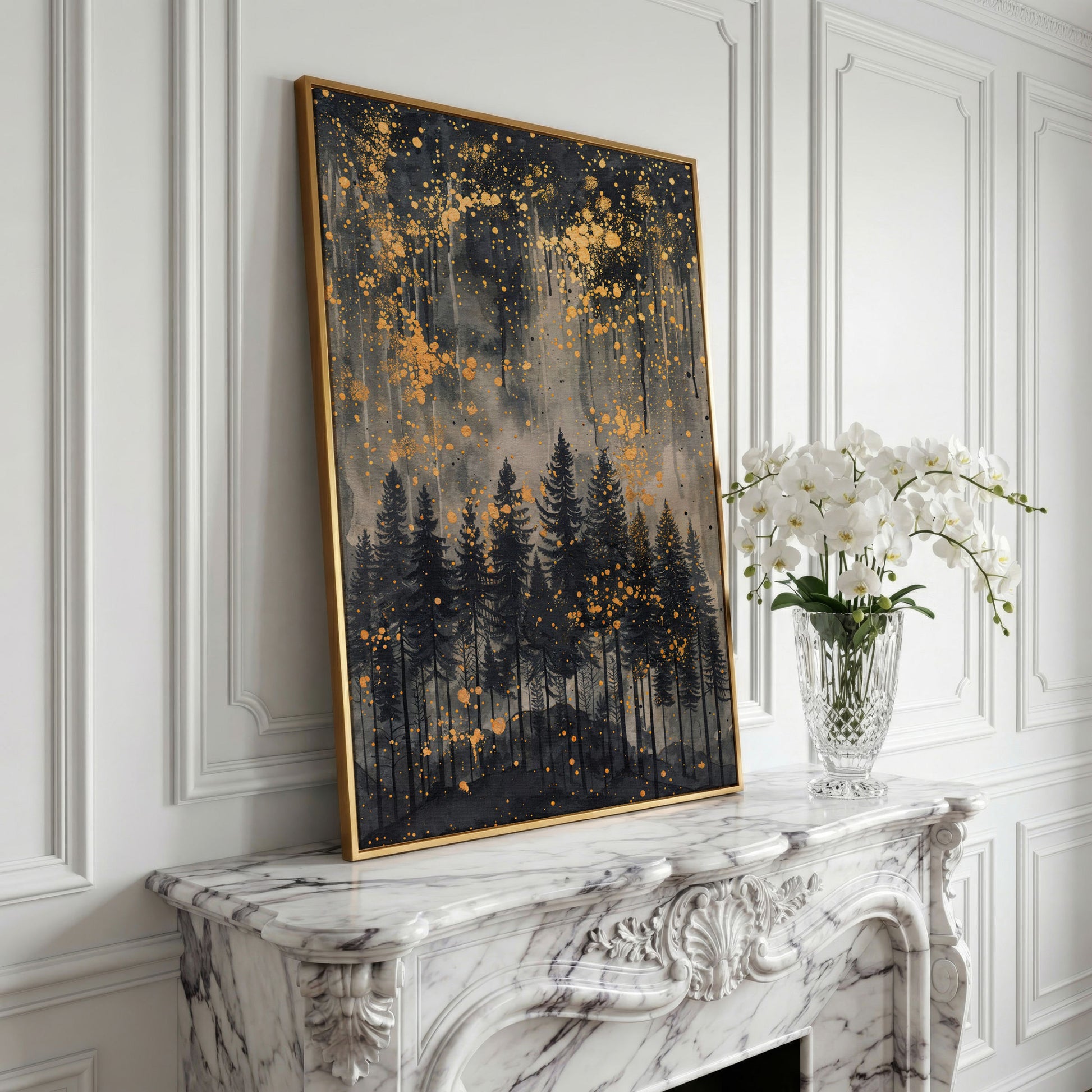 Mystical Forest Under Starry Night Canvas in yellow gold floating frame