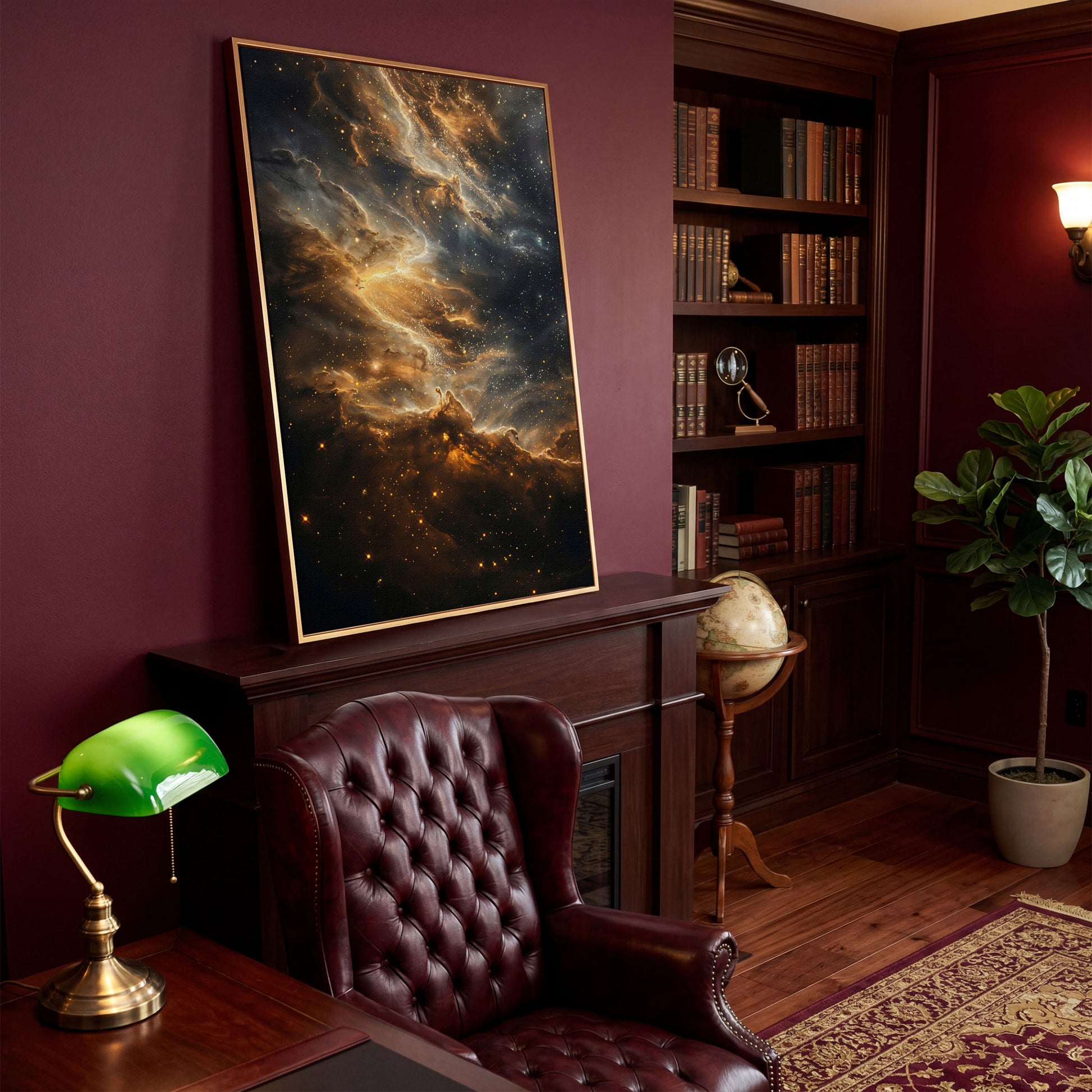 Starry Galaxy Canvas Print with Nebula in Sienna and Blue in antique gold floating frame