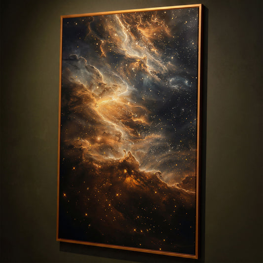 Starry Galaxy Canvas Print with Nebula in Sienna and Blue shown in antique gold floating frame