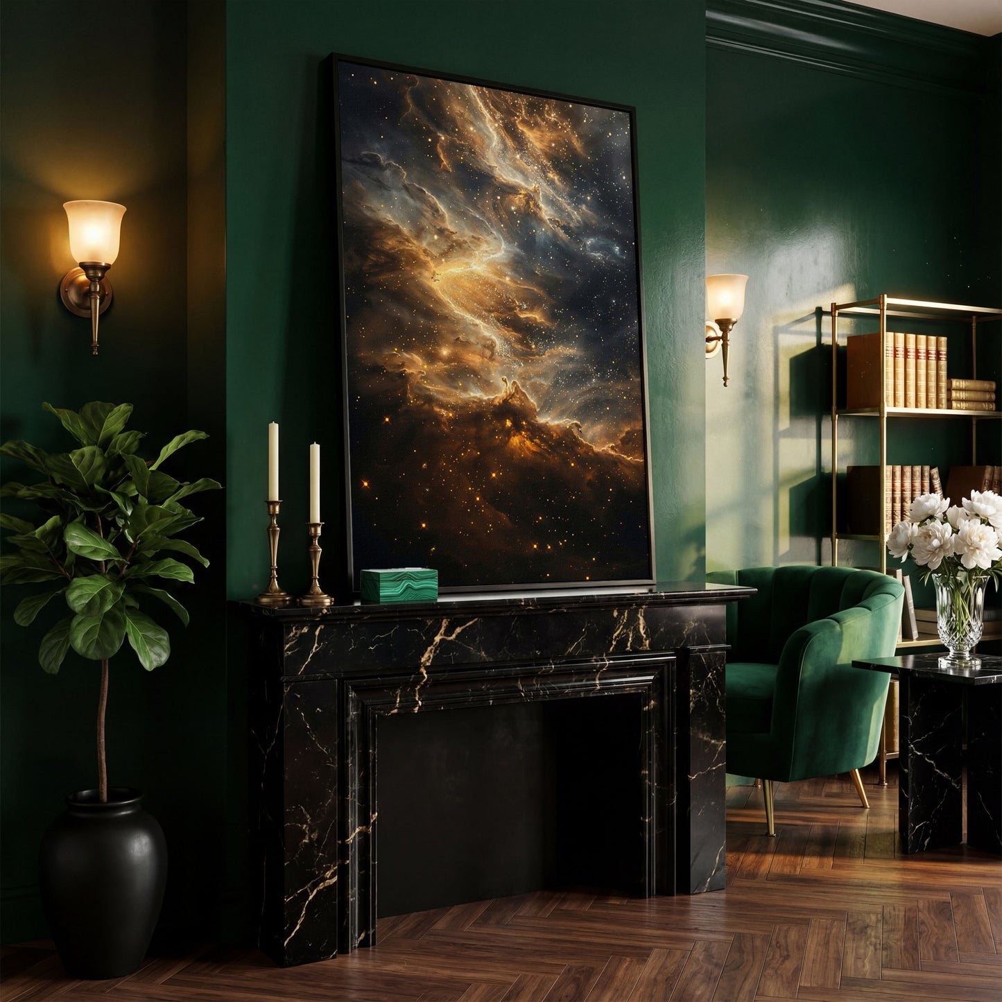 Starry Galaxy Canvas Print with Nebula in Sienna and Blue in black floating frame