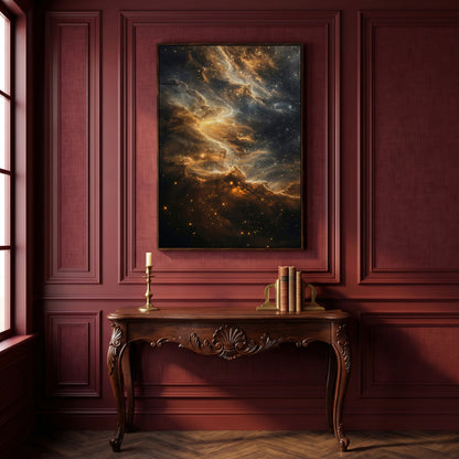 Starry Galaxy Canvas Print with Nebula in Sienna and Blue in dark walnut floating frame