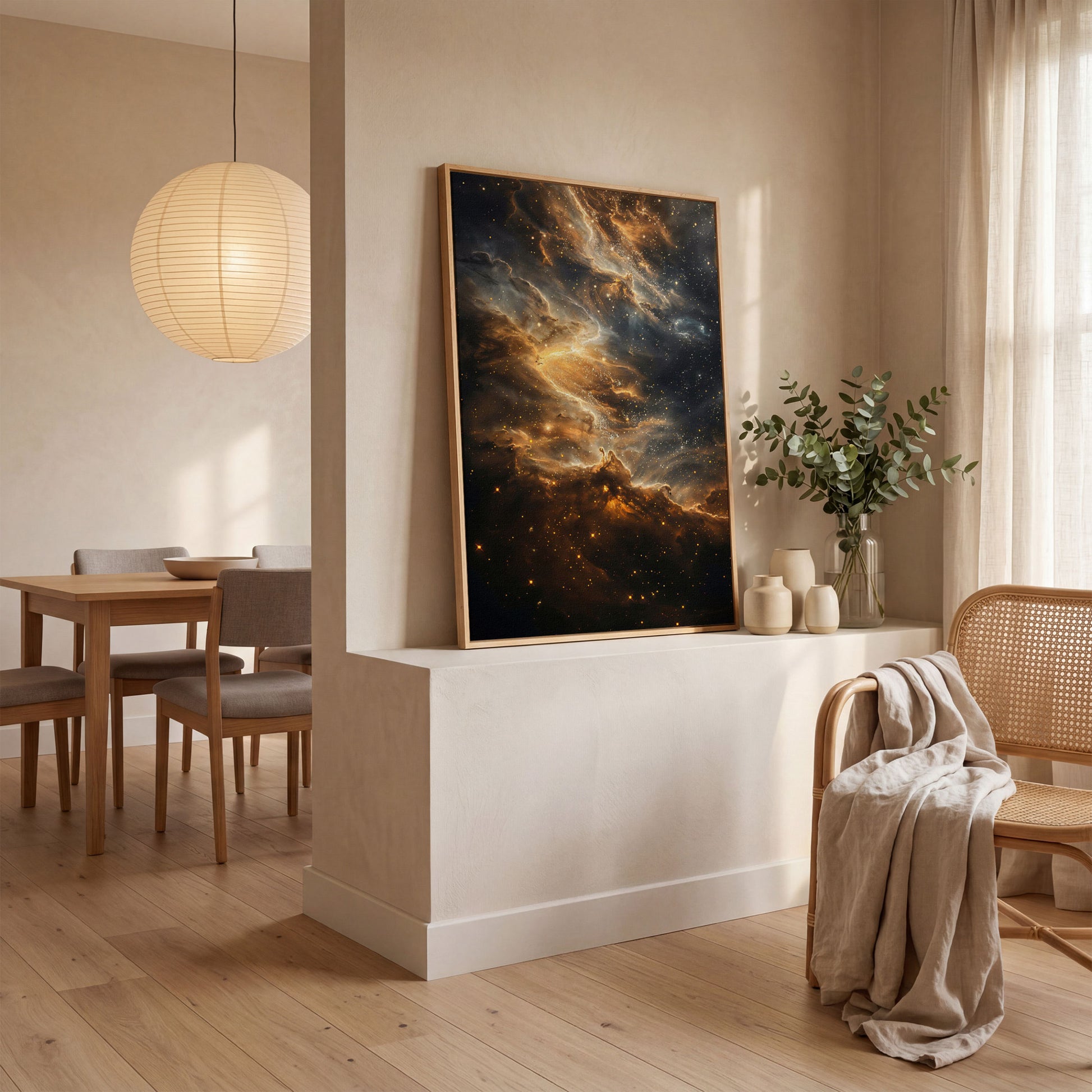 Starry Galaxy Canvas Print with Nebula in Sienna and Blue in white oak floating frame