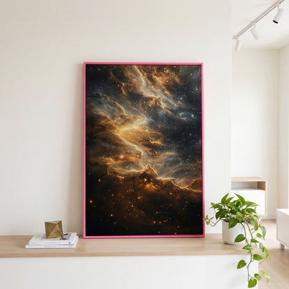 Starry Galaxy Canvas Print with Nebula in Sienna and Blue in pink floating frame