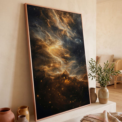 Starry Galaxy Canvas Print with Nebula in Sienna and Blue in rose gold floating frame