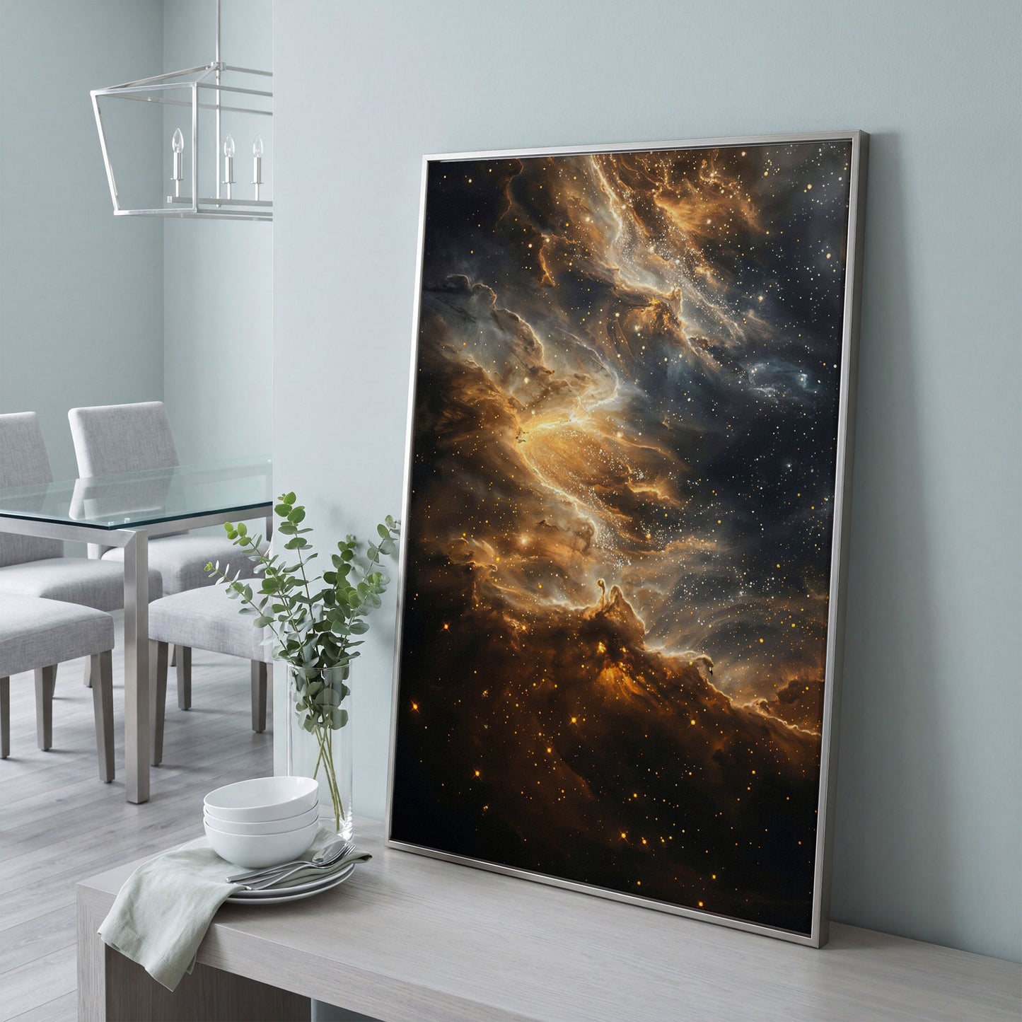 Starry Galaxy Canvas Print with Nebula in Sienna and Blue in silver floating frame