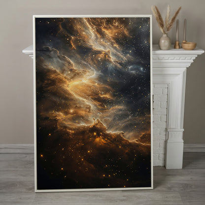 Starry Galaxy Canvas Print with Nebula in Sienna and Blue in white floating frame