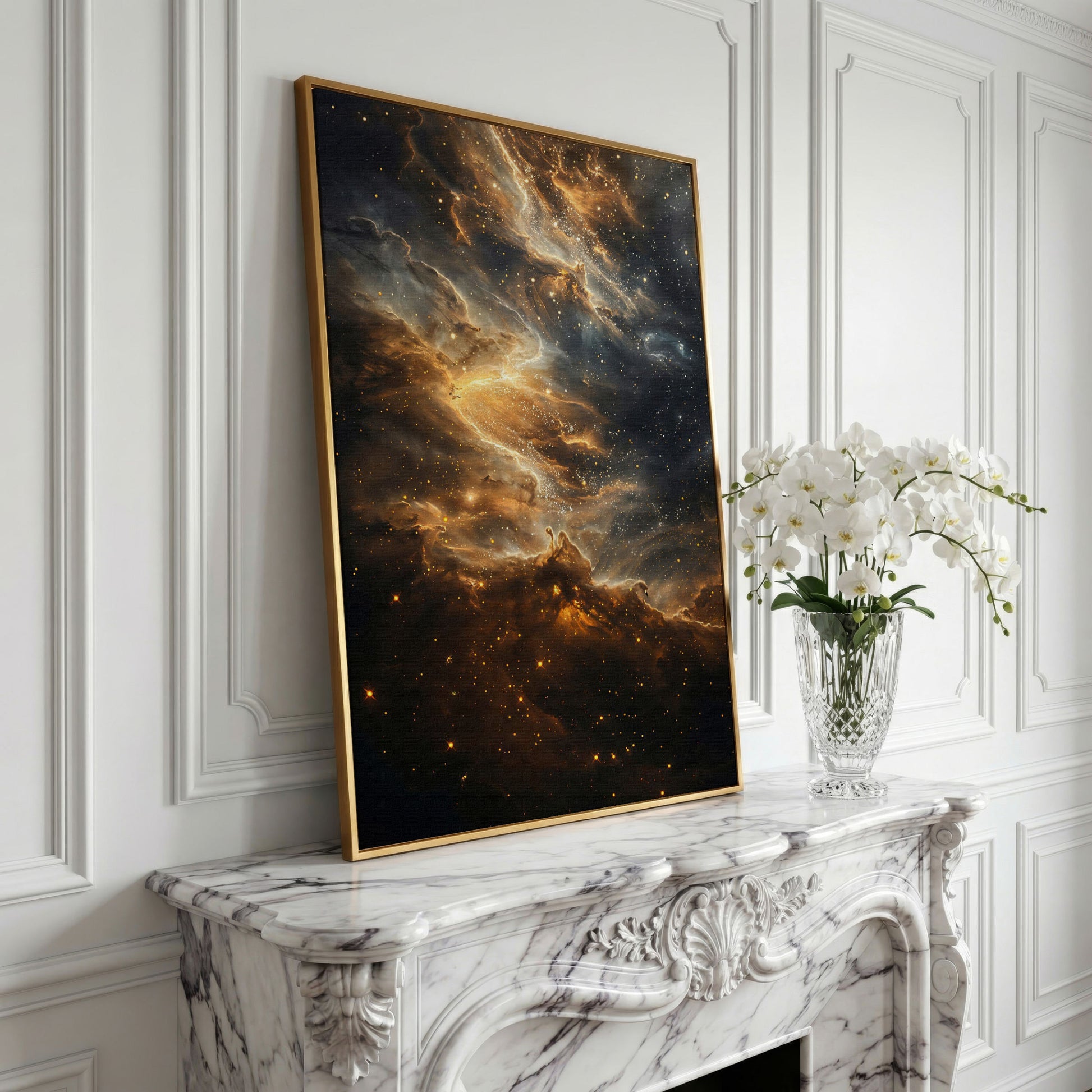 Starry Galaxy Canvas Print with Nebula in Sienna and Blue in yellow gold floating frame