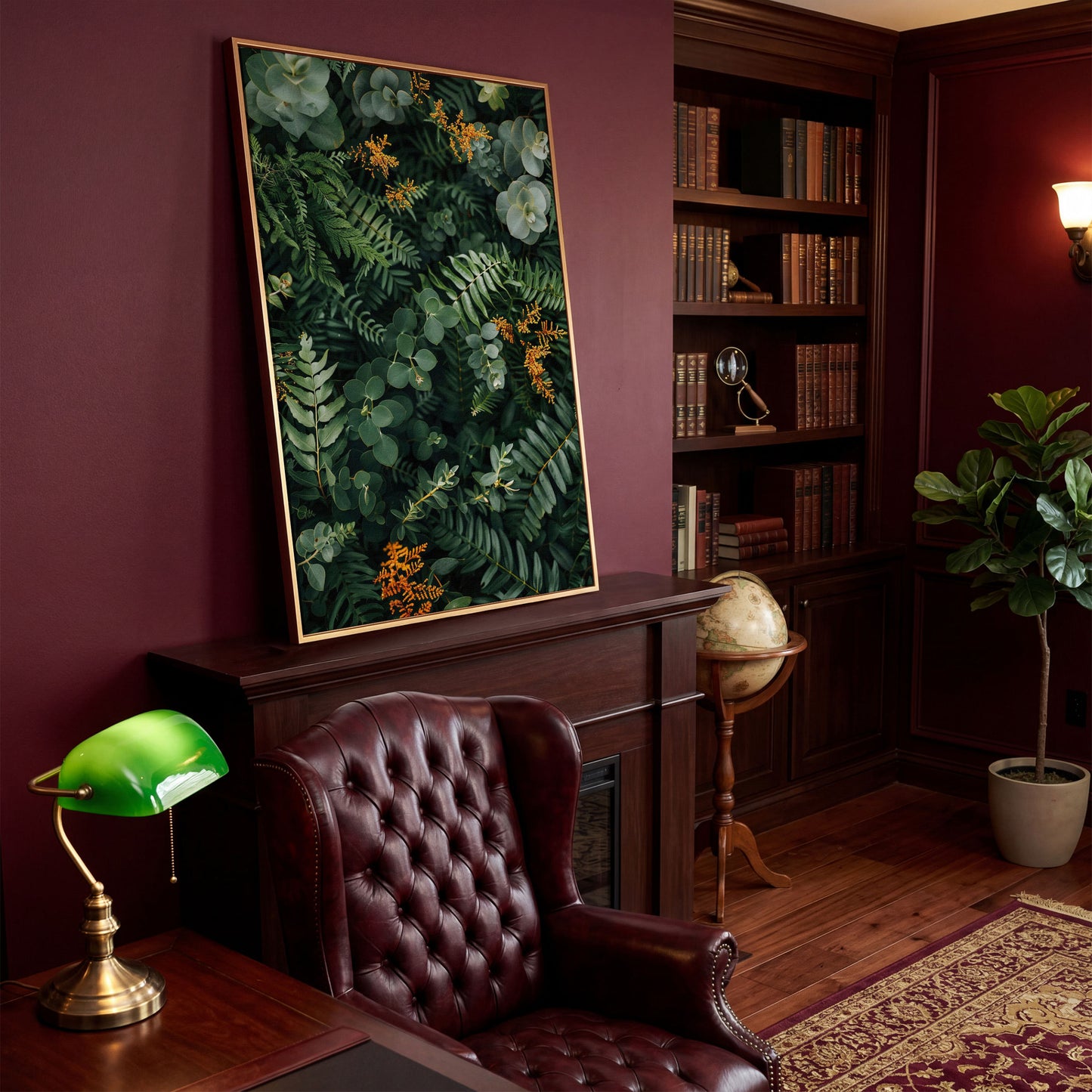 Lush Foliage Botanical Canvas Print in antique gold floating frame