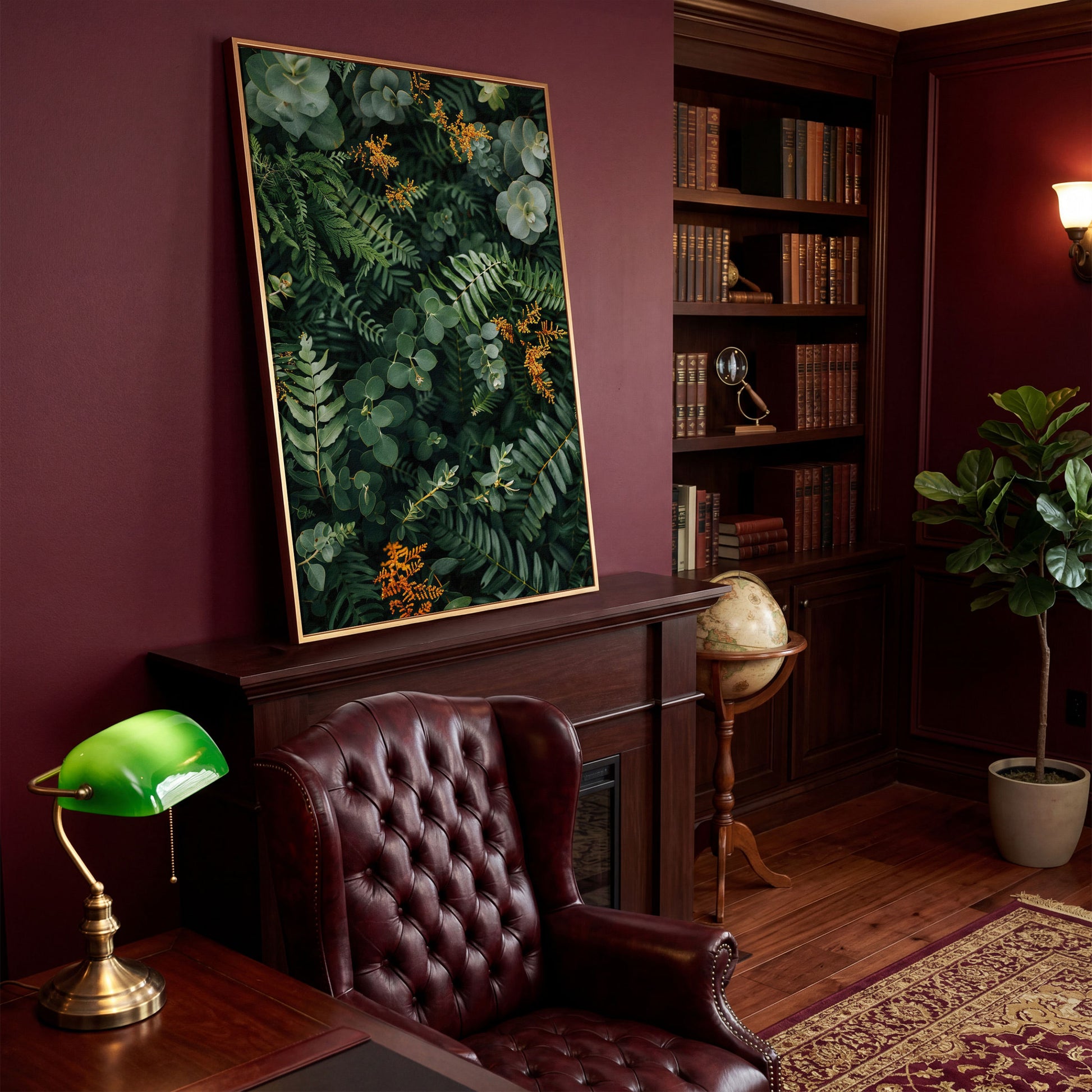 Lush Foliage Botanical Canvas Print in antique gold floating frame