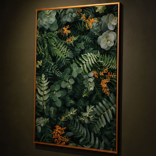 Lush Foliage Botanical Canvas Print shown in antique gold floating frame