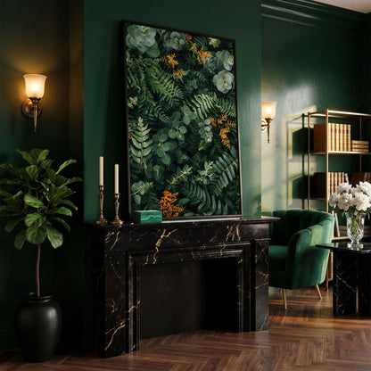 Lush Foliage Botanical Canvas Print in black floating frame