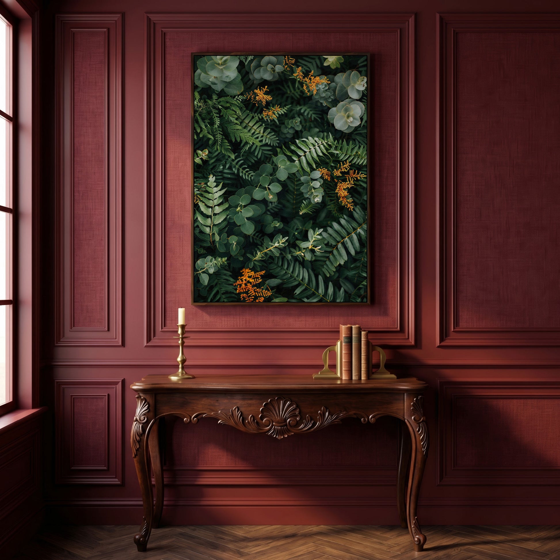 Lush Foliage Botanical Canvas Print in dark walnut floating frame