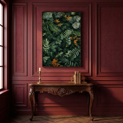 Lush Foliage Botanical Canvas Print in dark walnut floating frame