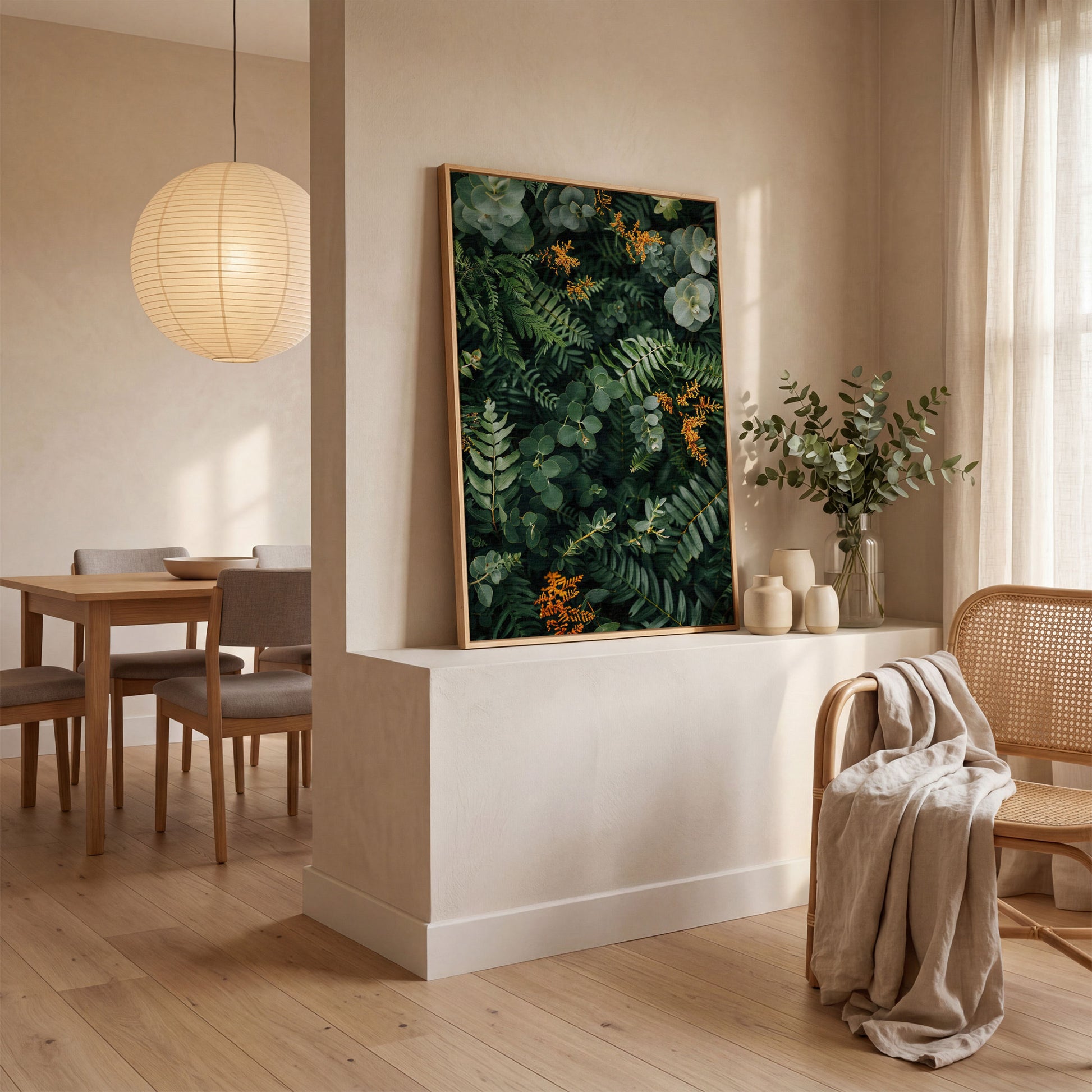 Lush Foliage Botanical Canvas Print in white oak floating frame