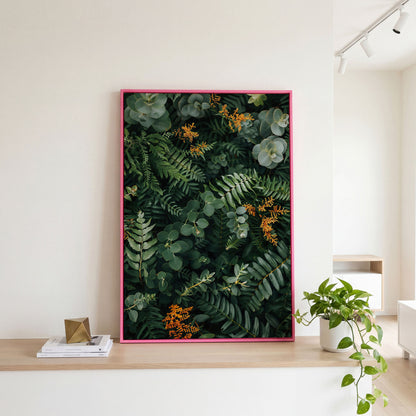 Lush Foliage Botanical Canvas Print in pink floating frame