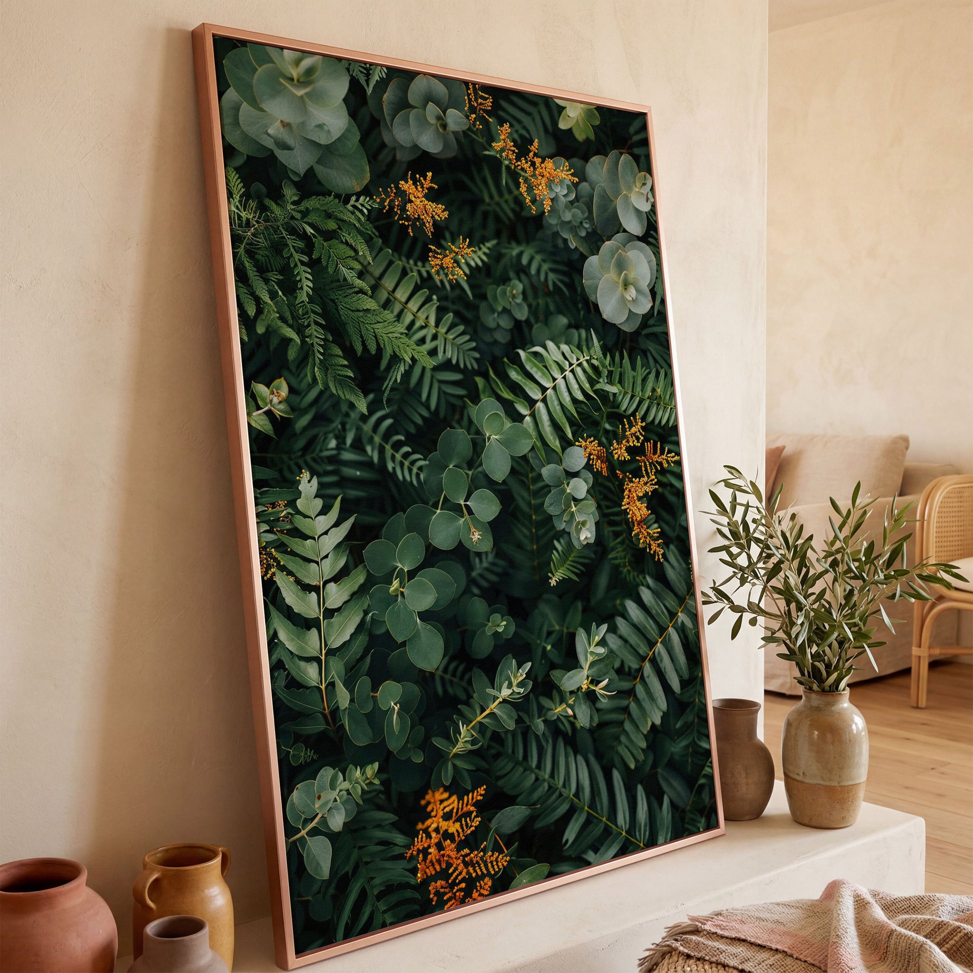 Lush Foliage Botanical Canvas Print in rose gold floating frame