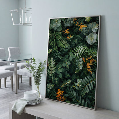 Lush Foliage Botanical Canvas Print in silver floating frame