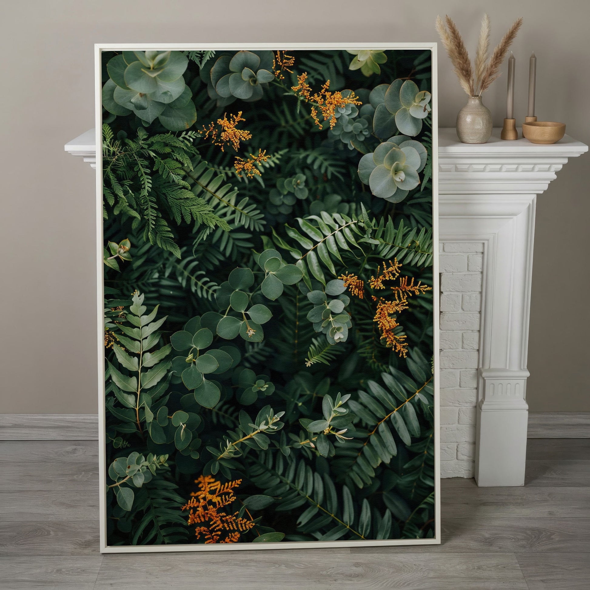 Lush Foliage Botanical Canvas Print in white floating frame