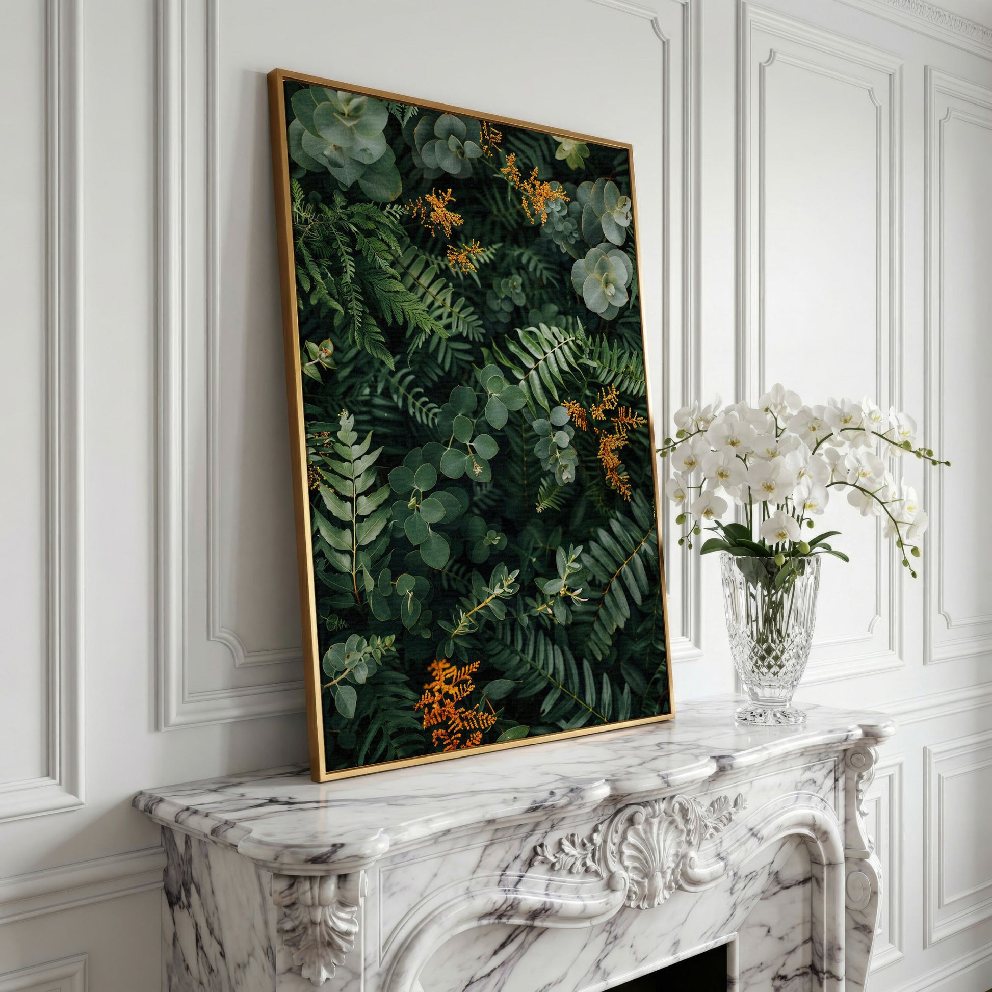 Lush Foliage Botanical Canvas Print in yellow gold floating frame
