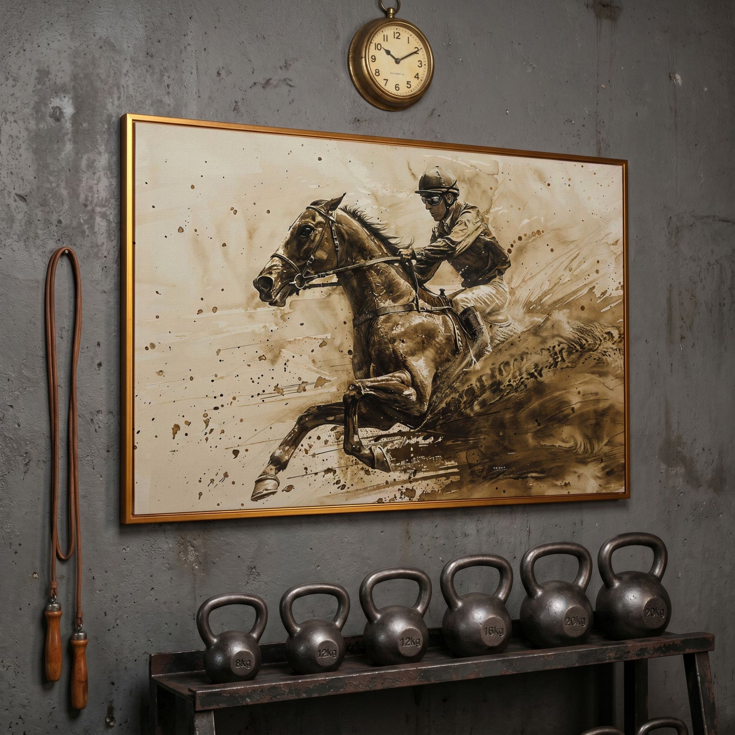 Vintage Jockey Horse Racing Canvas in antique gold floating frame