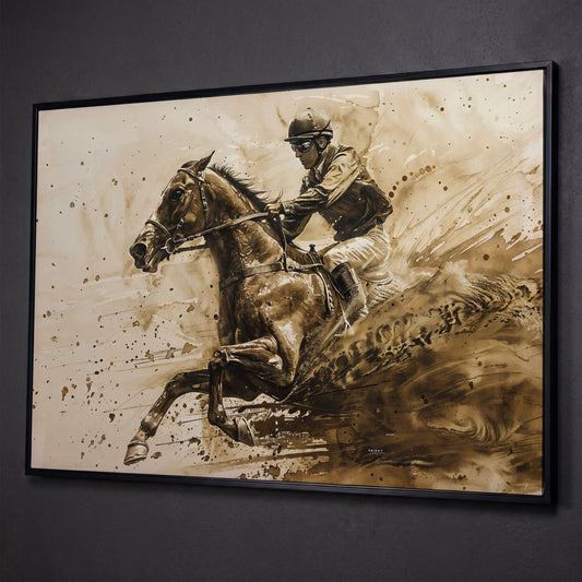 Vintage Jockey Horse Racing Canvas shown in black floating frame