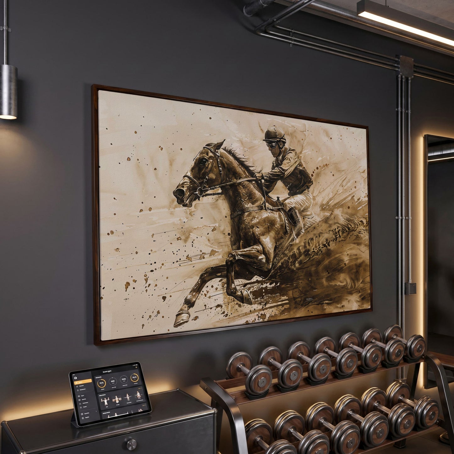 Vintage Jockey Horse Racing Canvas in dark walnut floating frame