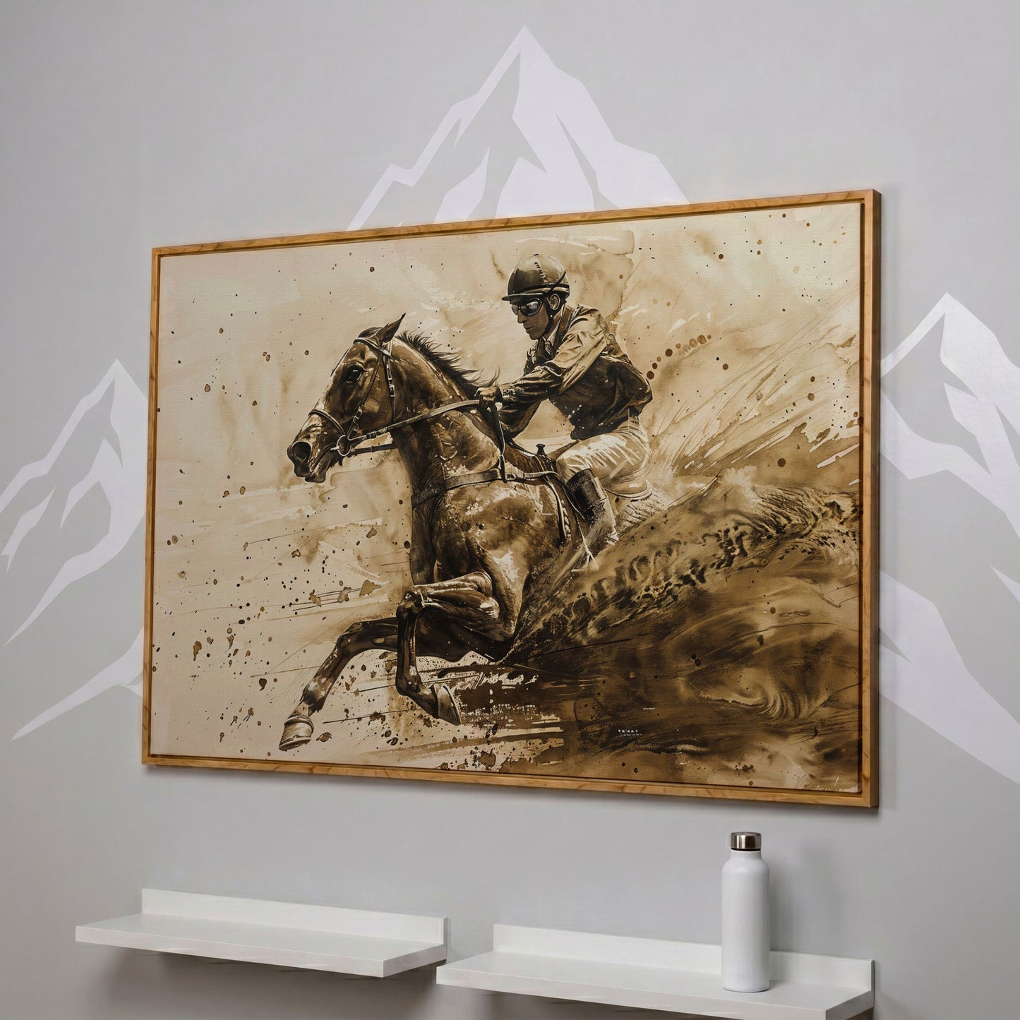 Vintage Jockey Horse Racing Canvas in white oak floating frame