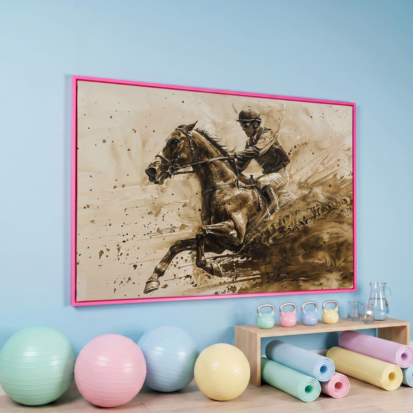 Vintage Jockey Horse Racing Canvas in pink floating frame