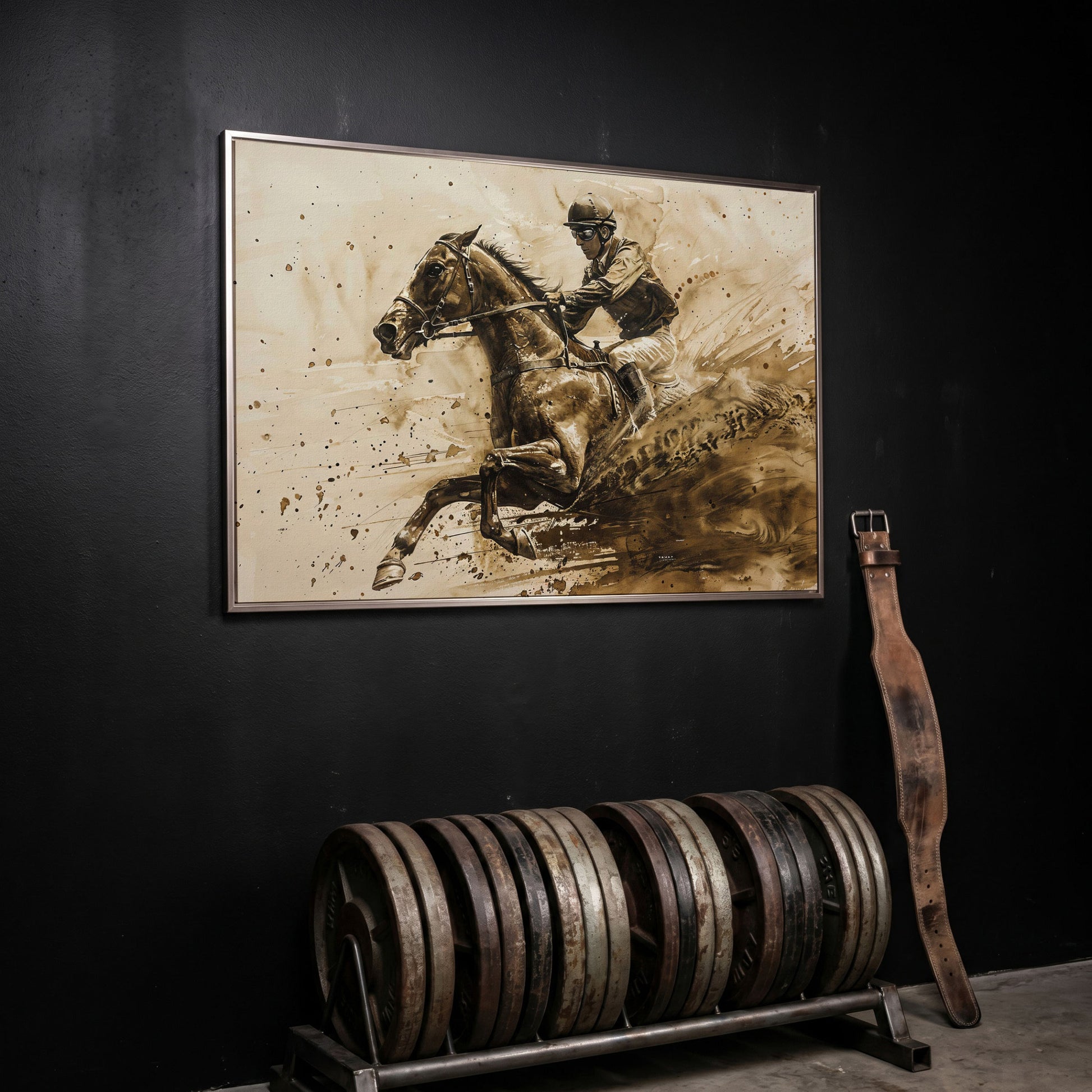 Vintage Jockey Horse Racing Canvas in silver floating frame