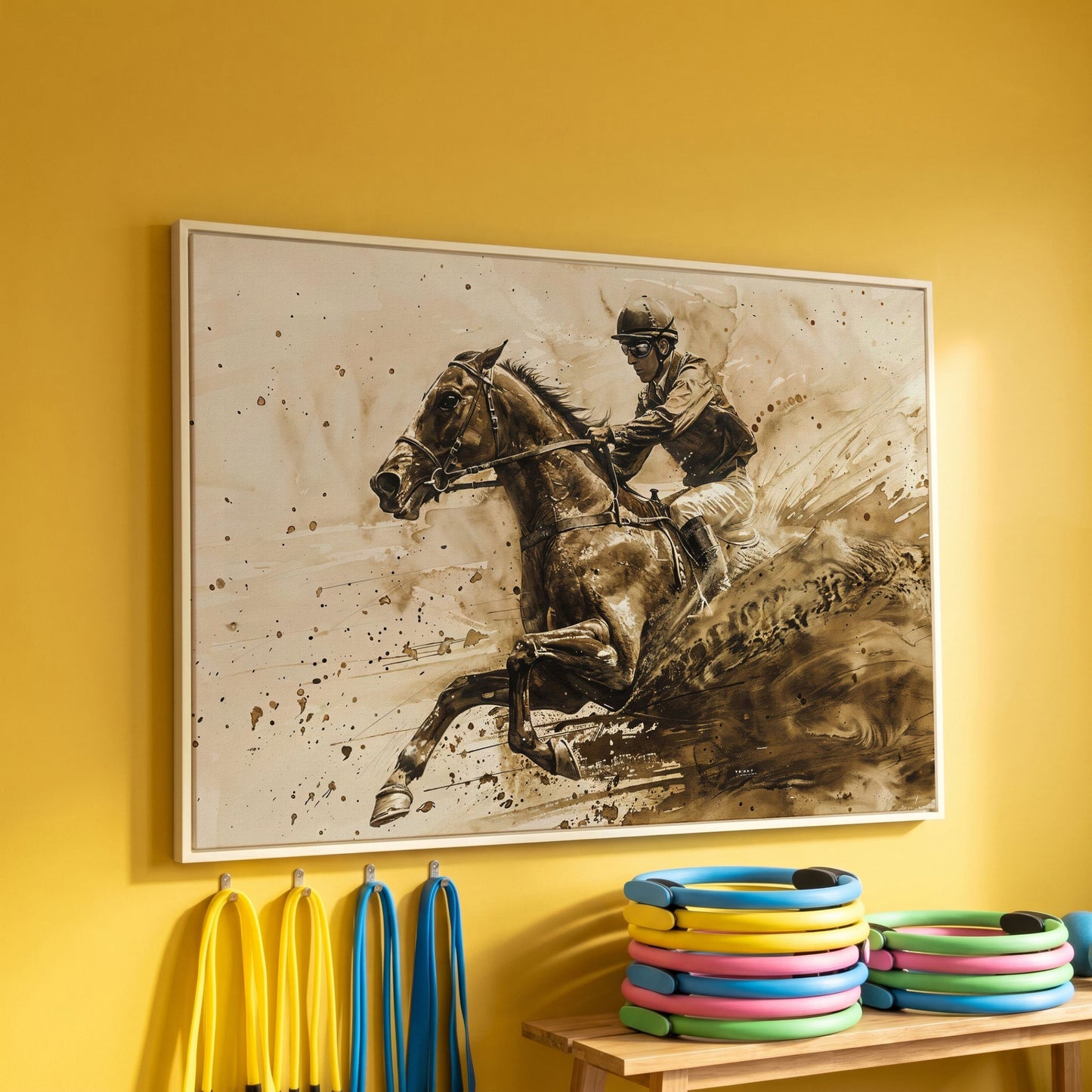 Vintage Jockey Horse Racing Canvas in white floating frame