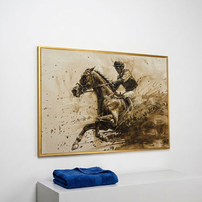 Vintage Jockey Horse Racing Canvas in yellow gold floating frame
