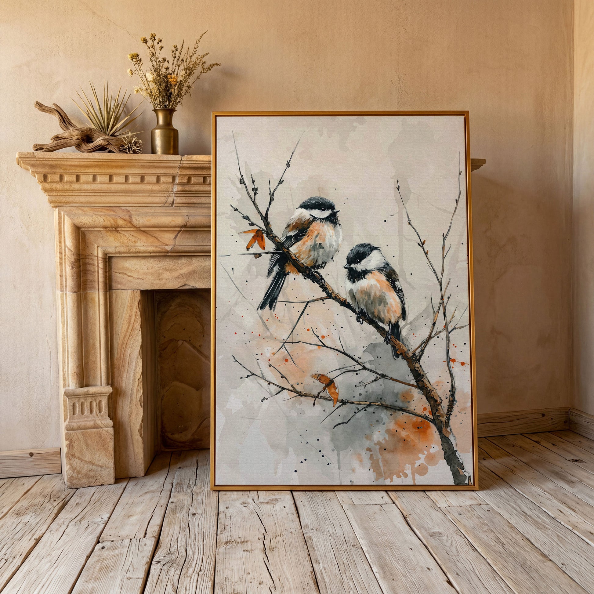 Chickadees on Branch Canvas Print in antique gold floating frame