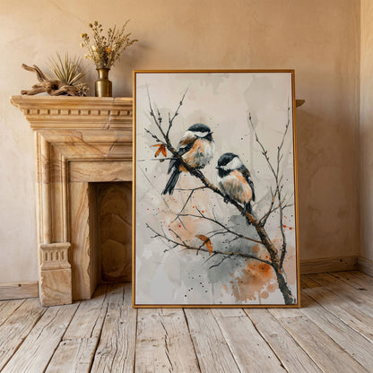 Chickadees on Branch Canvas Print in antique gold floating frame