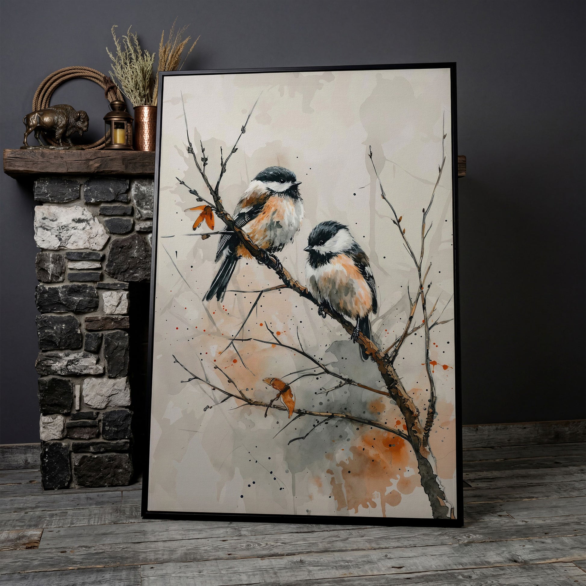 Chickadees on Branch Canvas Print in black floating frame