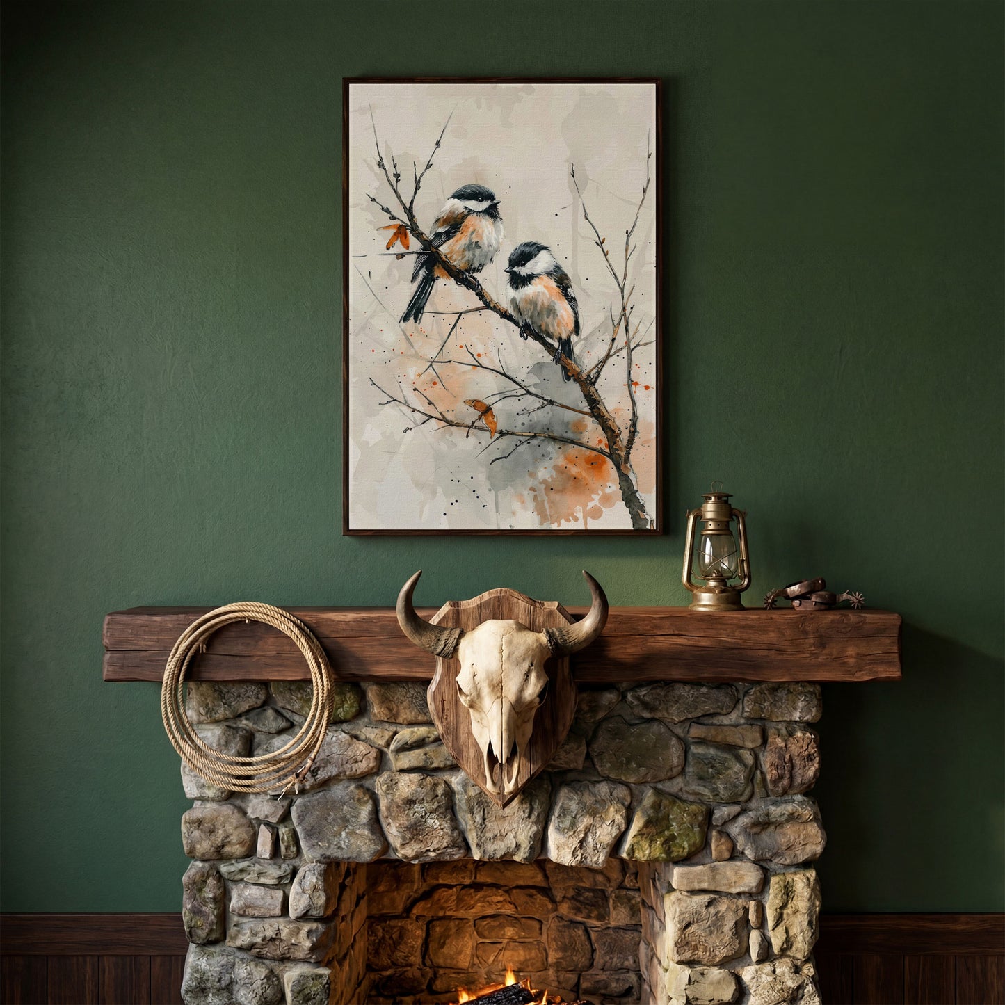 Chickadees on Branch Canvas Print in dark walnut floating frame