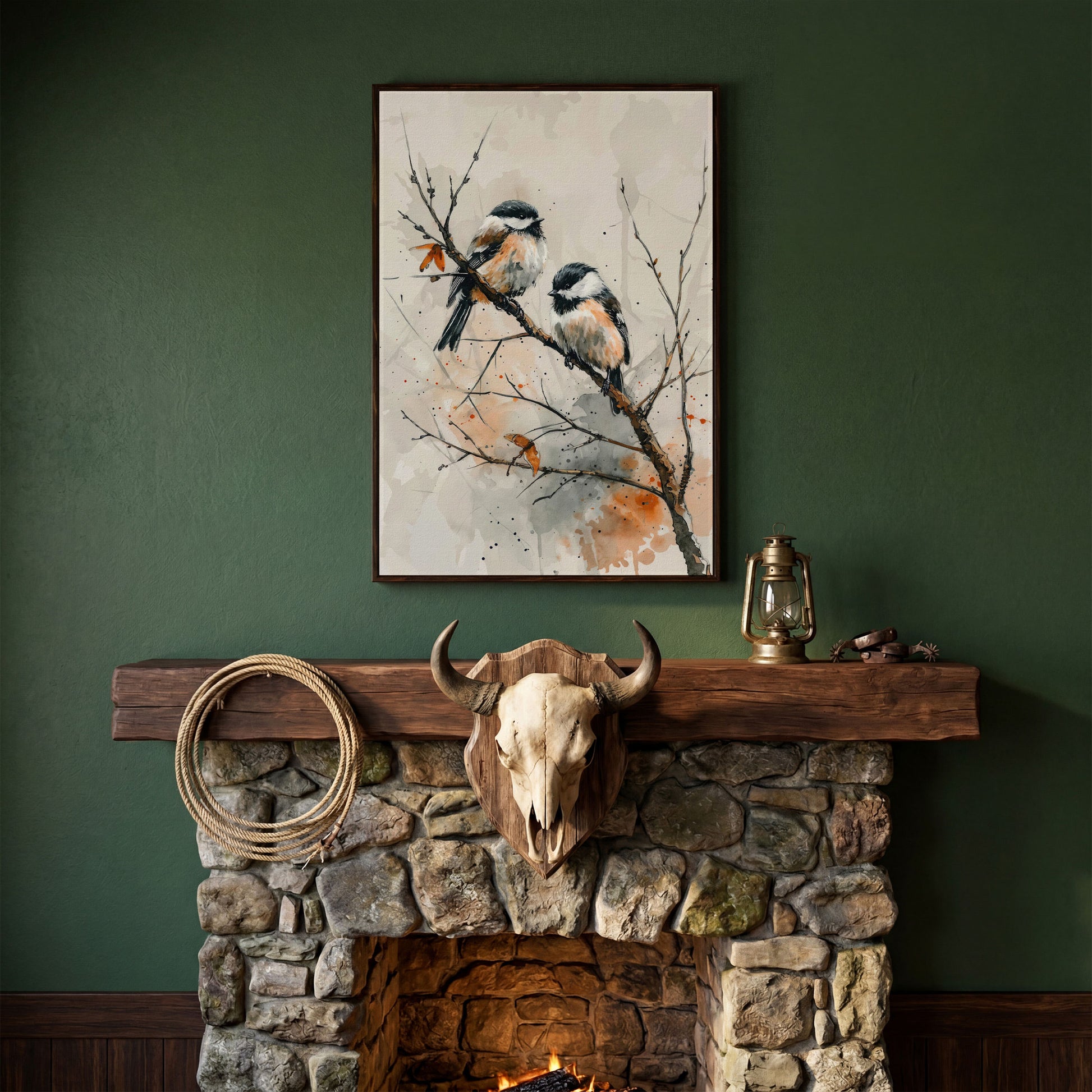 Chickadees on Branch Canvas Print in dark walnut floating frame