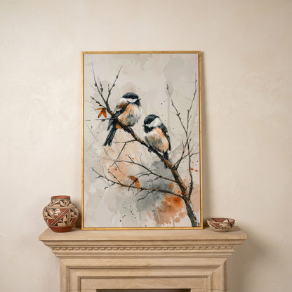 Chickadees on Branch Canvas Print in white oak floating frame