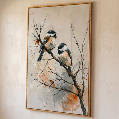 Chickadees on Branch Canvas Print shown in white oak floating frame