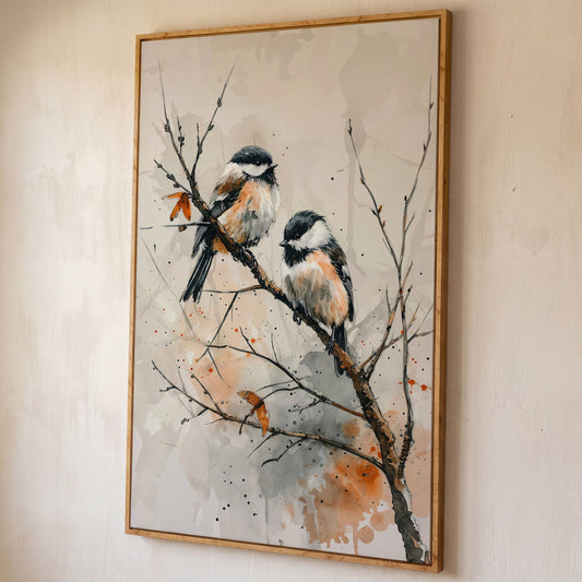 Chickadees on Branch Canvas Print shown in white oak floating frame