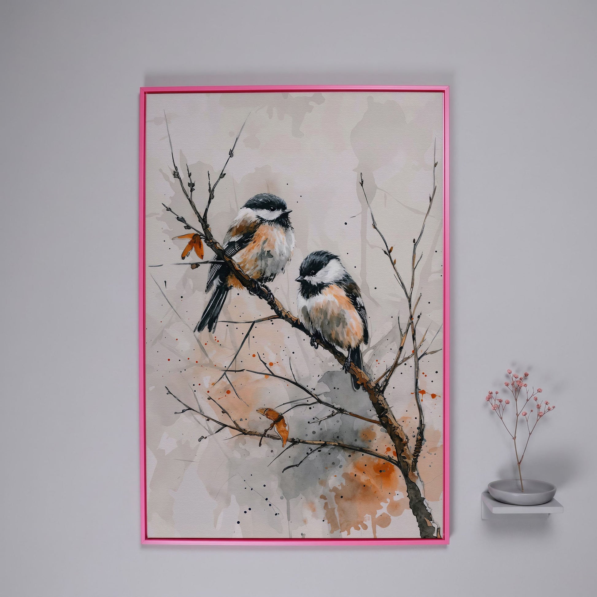Chickadees on Branch Canvas Print in pink floating frame