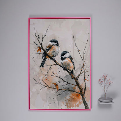 Chickadees on Branch Canvas Print in pink floating frame