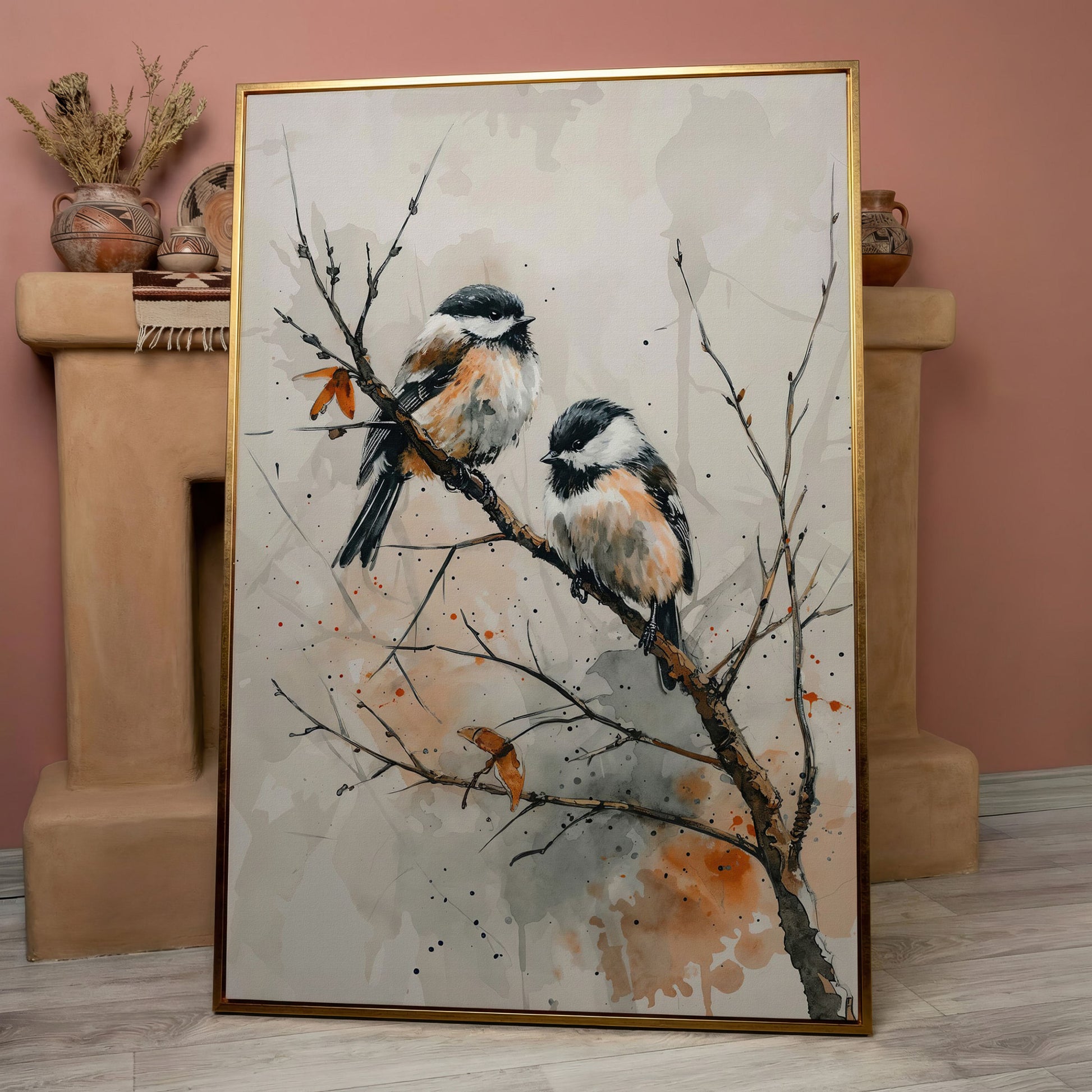 Chickadees on Branch Canvas Print in rose gold floating frame